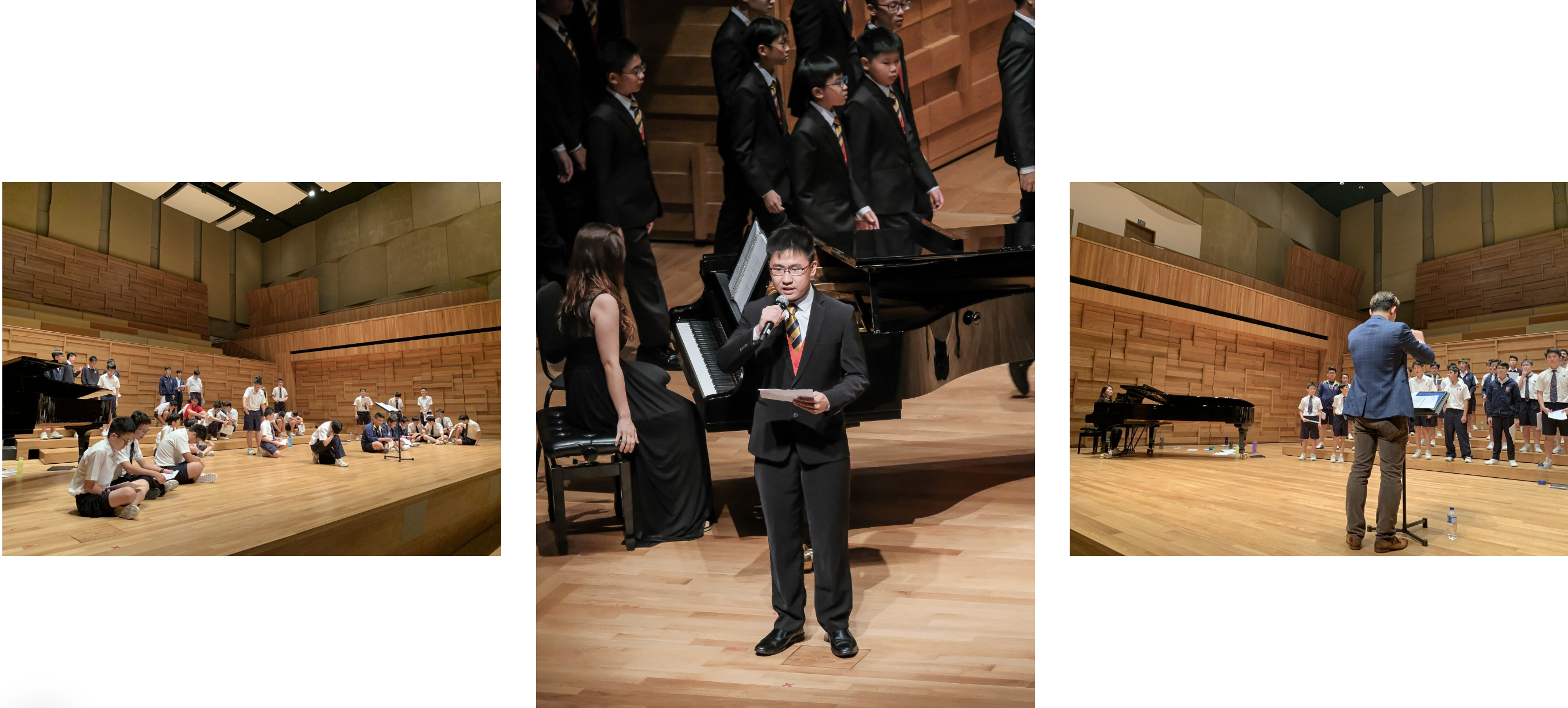 Three scenes of a school concert hall with students in uniforms, a boy speaking into a microphone near a grand piano.